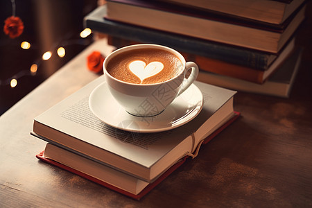 爱心书籍书籍上浪漫的拿铁咖啡背景