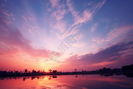 水面上倒影的夕阳图片