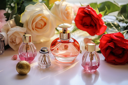 桌子上的香水和花束背景图片