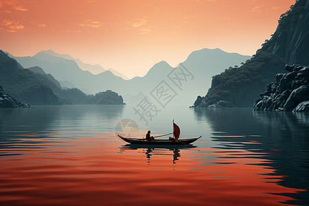 湖面上划船的人物图片