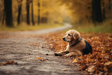 秋季森林道路上的小狗图片