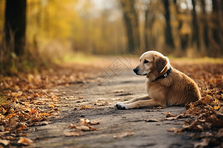 森林道路上的狗狗图片