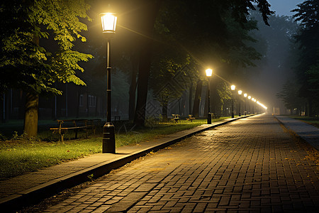 夜晚道路上的路灯图片
