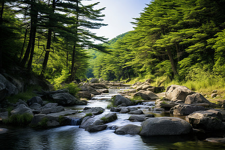 森林中的河流和岩石图片