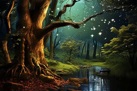 梦幻的森林星空和河流图片