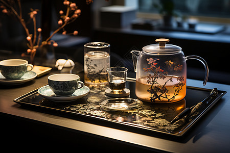 桌子上的茶具和茶水背景图片