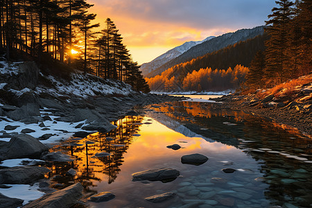 冰湖山雪日落下的冰湖背景