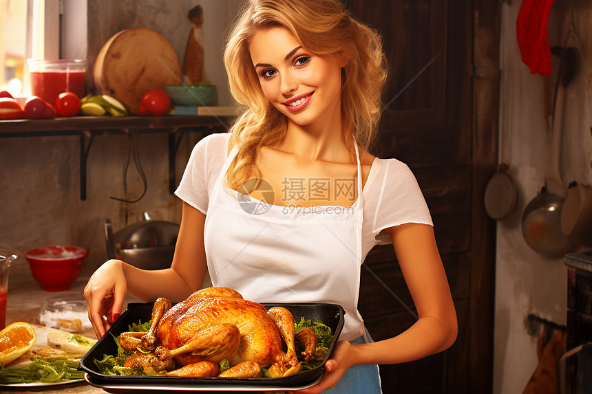 厨房烹饪鸡肉的女人图片