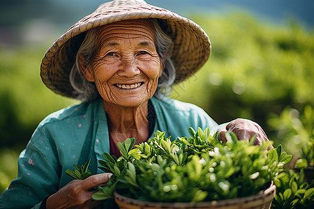 茶园中的老奶奶背景图片