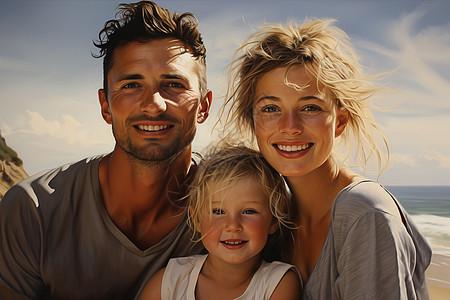 微笑一家人沙滩上的一家人插画