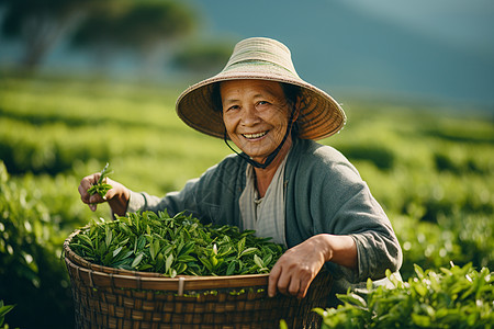 开心农民茶园采茶的农民背景