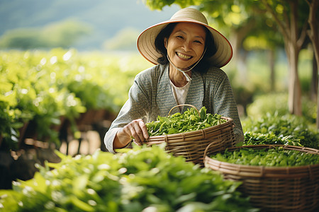 茶园中欢乐采茶的女性图片