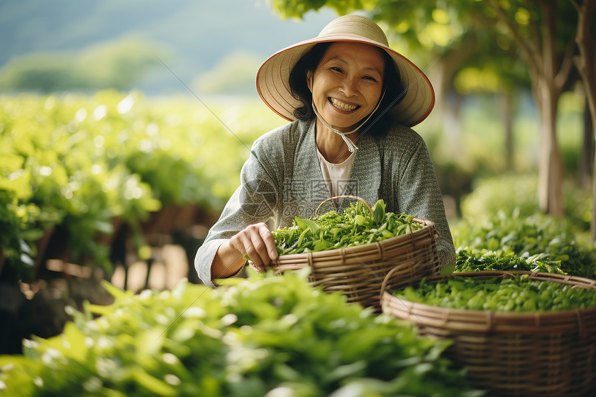 茶园中欢乐采茶的女性图片