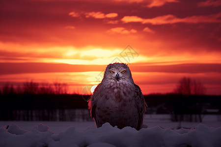 鸟儿在夕阳的雪地中图片