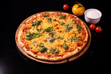 披萨与番茄摆在桌上图片