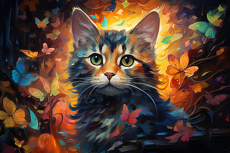 彩色的油画小猫图片