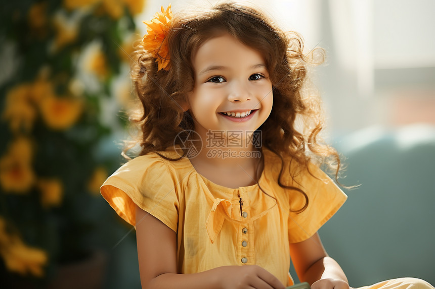 快乐的小女孩坐在沙发上图片