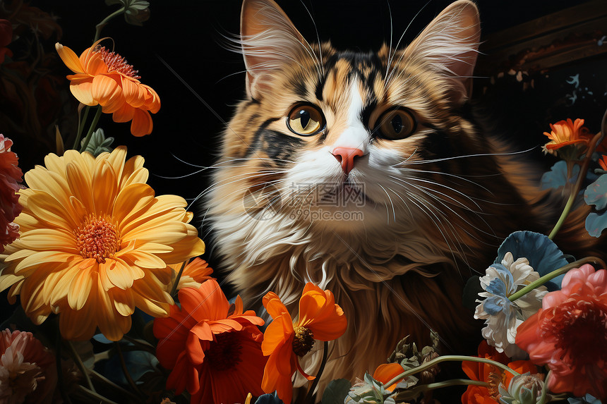 猫咪在美丽的花丛中图片
