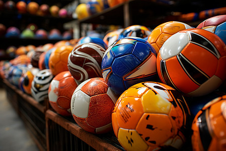 足球被堆放在货架上图片