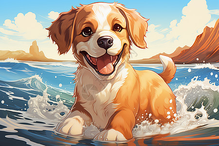 海滩上的可爱小狗贴纸图片