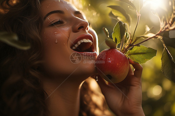 美女拿着苹果图片