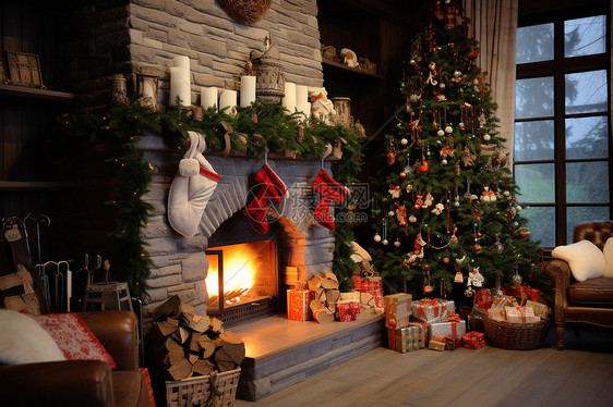 壁炉旁的礼物和圣诞树图片