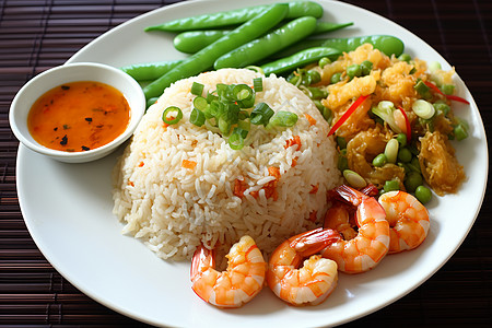 盘子里的米饭和虾蔬菜图片