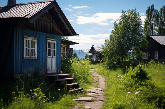 小屋下的绿色草地图片