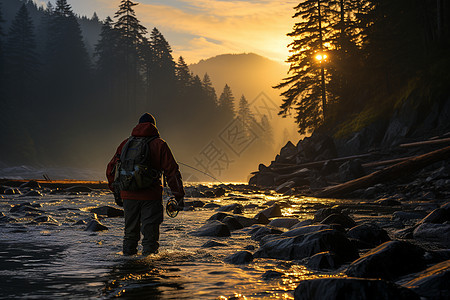 渔夫站在河里图片