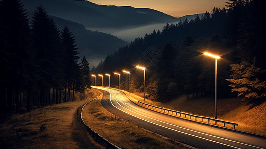 山间道路上的路灯图片