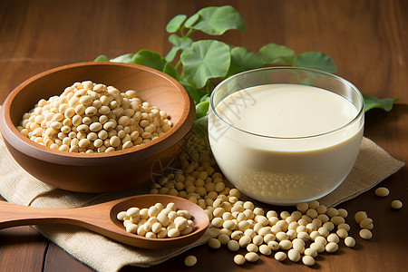 大豆牛奶桌面上的大豆和牛奶背景