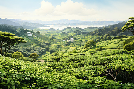 水彩风格的茶园背景图片