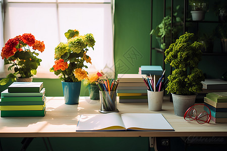 阳光透过窗户照在桌子上的一束书和花束上一个现代风格的艺术工作室图片