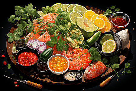 沙拉菜丰盛的鱼菜盘插画