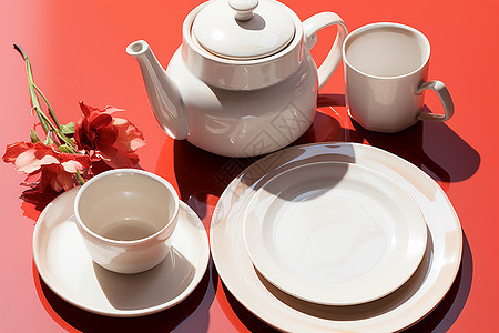 桌子上白色的茶壶和杯子图片