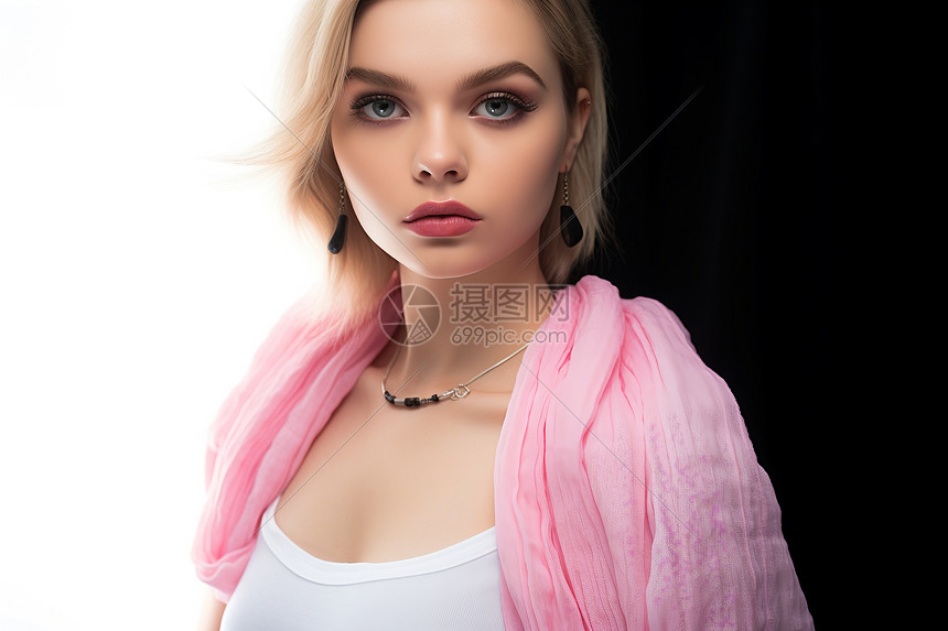 粉红围巾的女子图片