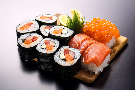 三文鱼色拉美味的寿司套餐背景