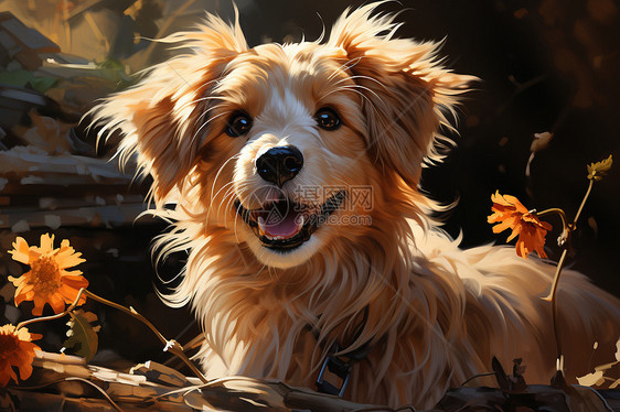 秋日落叶中的狗狗图片