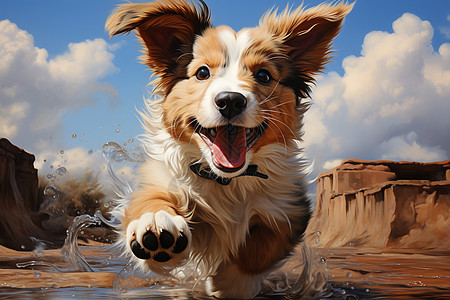 快乐小狗跳过水坑高清图片