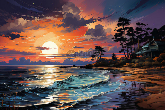 夕阳洒落海面图片