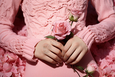 穿着粉色毛衣的女士拿着一朵粉色的花图片