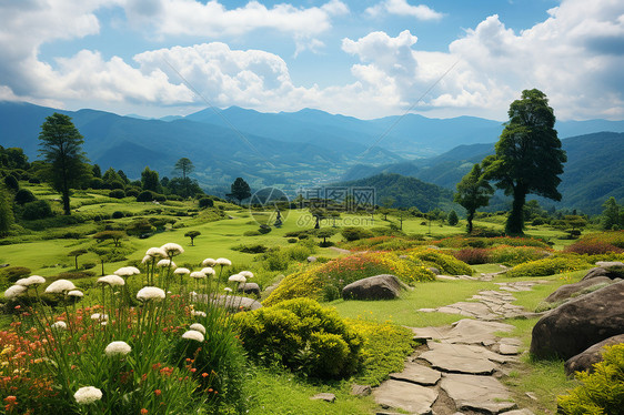 山坡草地上的小路图片