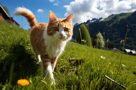 草地上漫步的猫咪图片