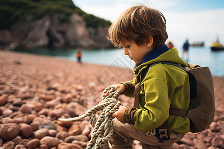 海边岩石滩上探险的小男孩图片