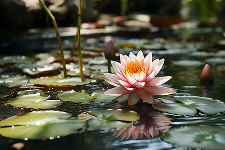 清澈湖水中漂浮一朵粉色莲花周围是白色睡莲和睡莲叶图片