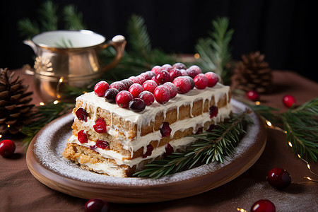 圣诞蛋糕上有蔓越莓背景图片