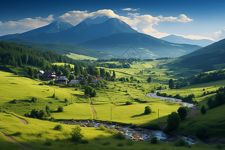 河流草地美丽的乡村山水背景