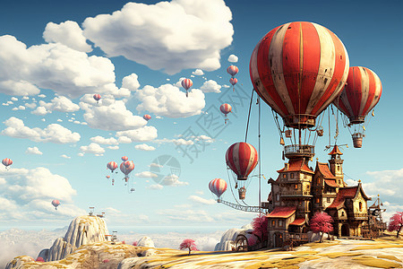 梦幻海洋梦幻山脉上的热气球和城堡插画