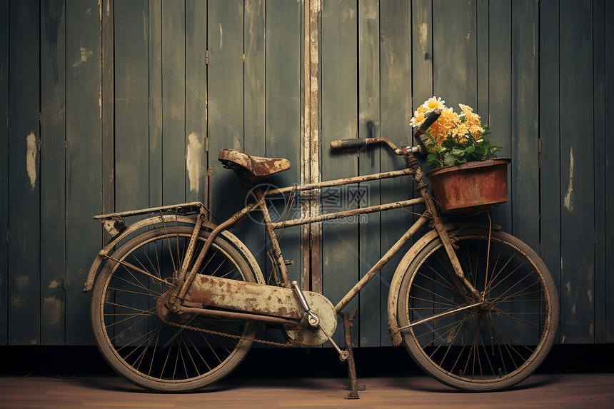破旧自行车篮子里的鲜花图片