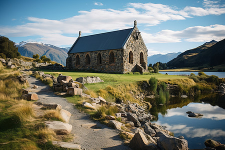 湖边草坡上的教堂图片